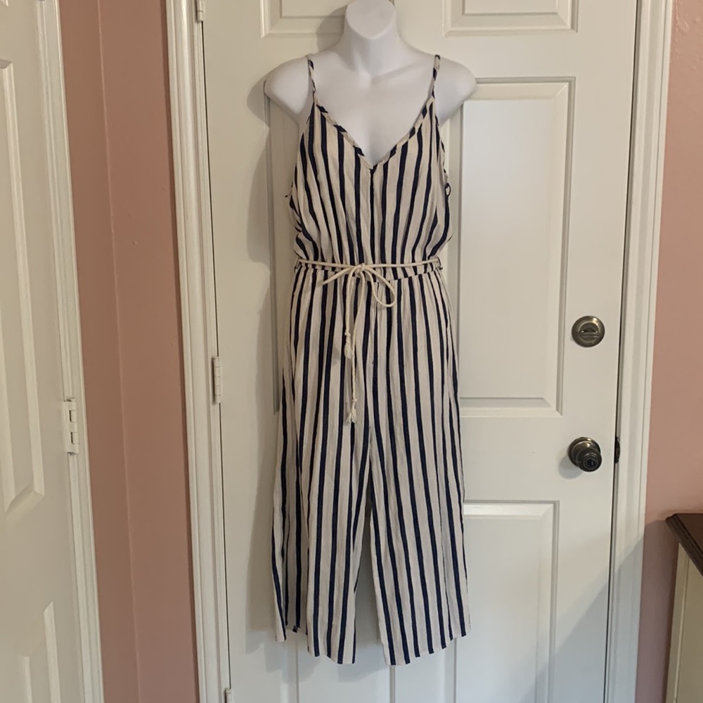 Sage the Label Sailor Striped Navy and White Wide Leg Jumpsuit with Rope Belt